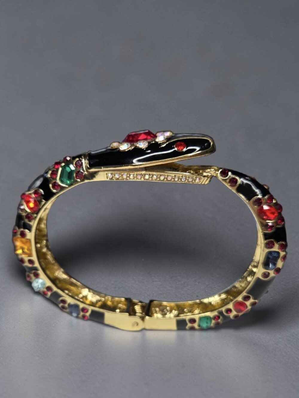 Insane Chunky Gold Black Enamel Crystal Jeweled Snake Bangle Hinged Bracelet